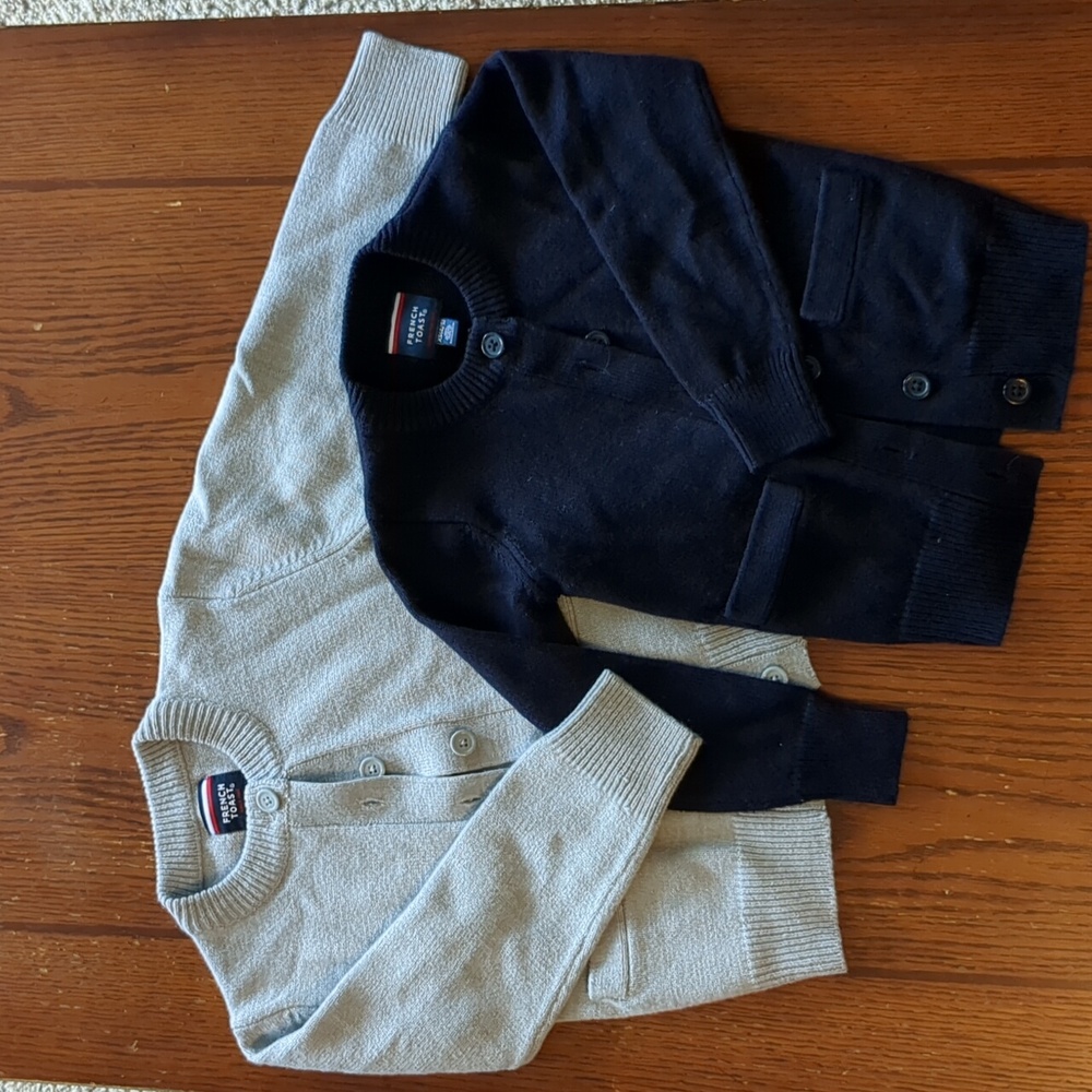 French Toast girls cardigan sweaters, gray and navy blue, size (XS) 4/5